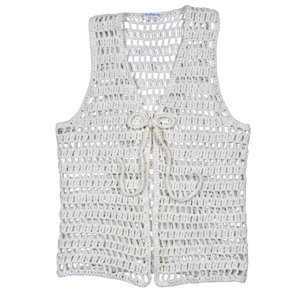 Vintage Hand Crocheted Cream Vest Tie Front Boho Regencycore Hippie‎ Open Knit - Picture 5 of 7
